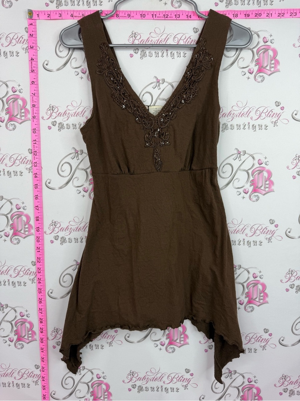 Susan Lawrence tank top fairy hem Brown Embellished V-Neck Tank Top